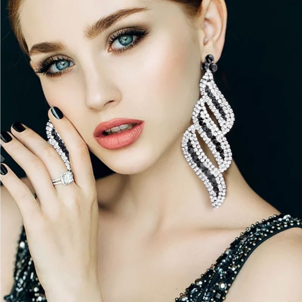 Long Black and Clear Trim Crystal Earrings
